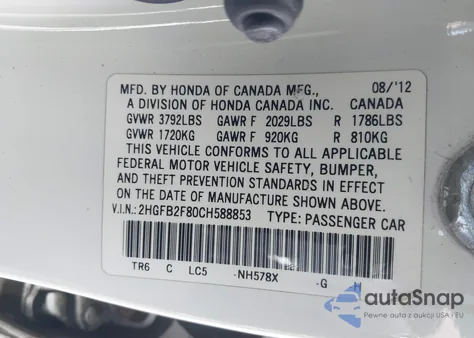 2012 Honda Civic Ex z USA, uszkodzony, nr VIN 2HGFB2F80CH588853